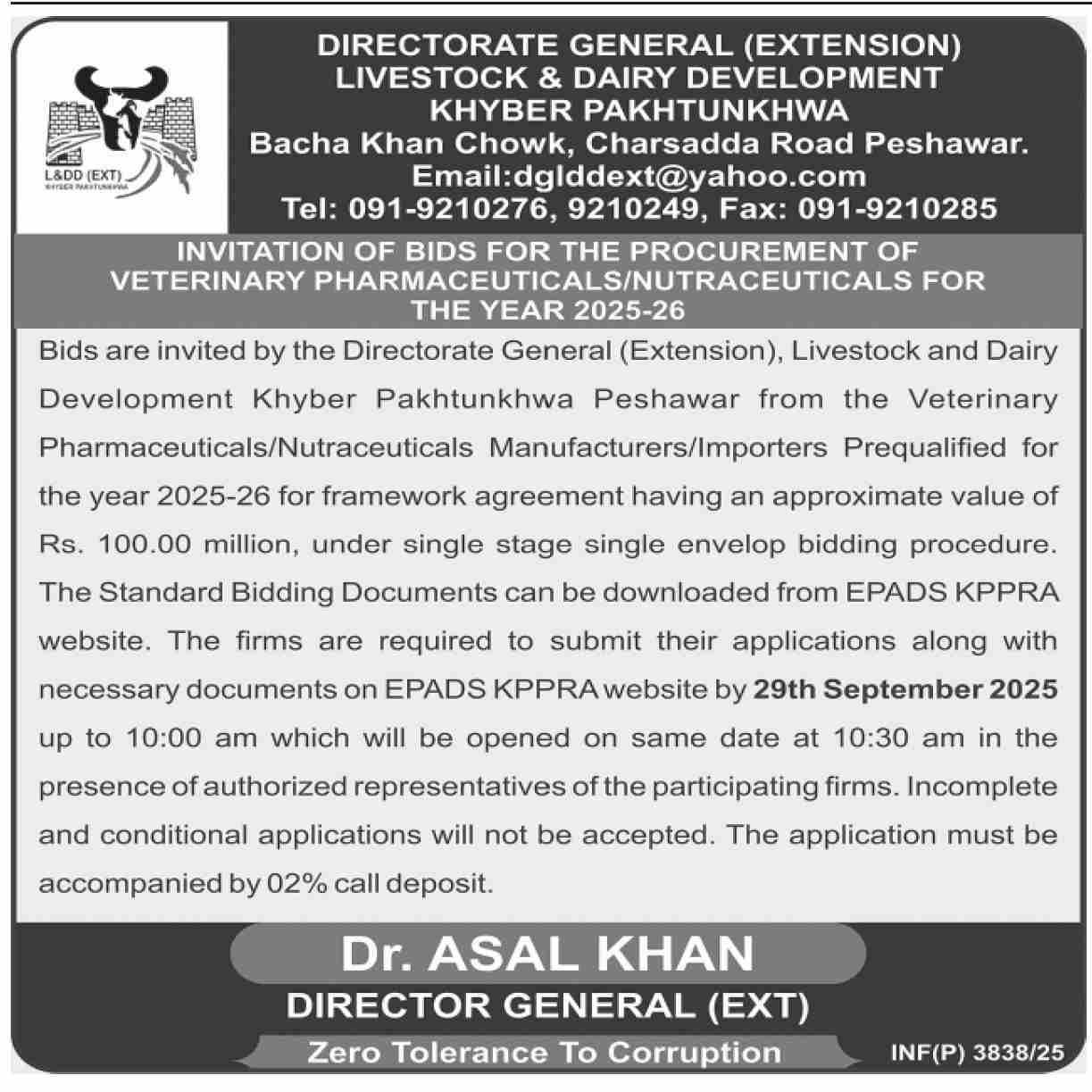 Livestock & Dairy Development Department Peshawar Tender Notice